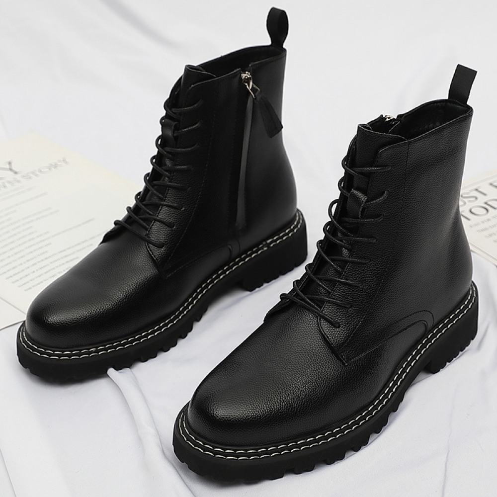Men's Round Toe British Leather Boots Side Zipper Martin Boots Wear-Resistant Low-Heel Shoes